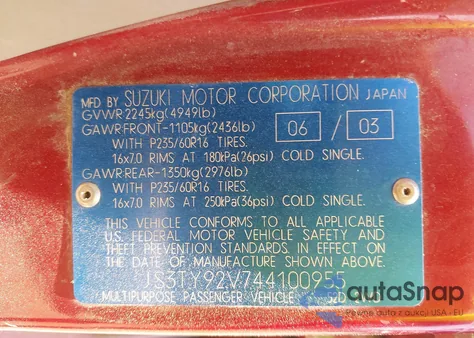 2004 Suzuki Xl-7 Ex/Lx из США, поврежденный, VIN JS3TY92V744100955